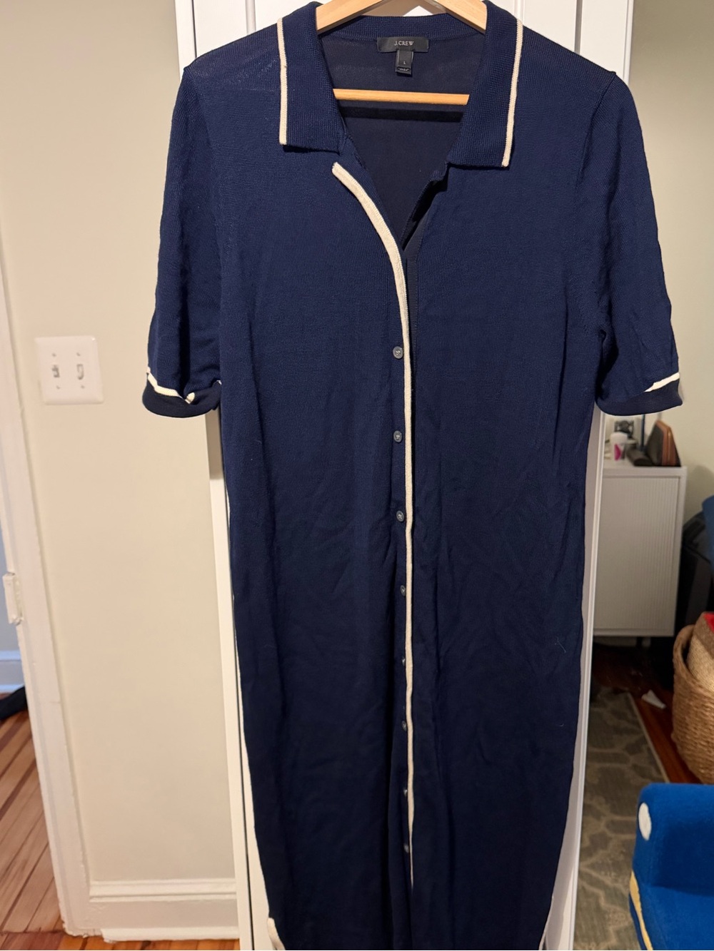 J. Crew Navy Midi Polo Dress with Cream Trim